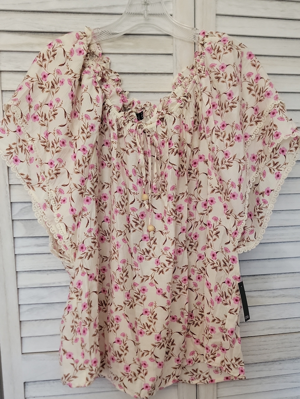 Cream Floral Tie-Neck Peasant Blouse with Pink Floral Accents